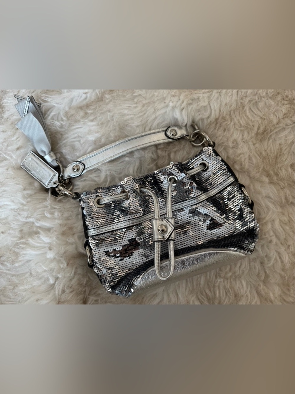 2011 Coach Poppy Silver Sequin Drawstring Bucket Bag